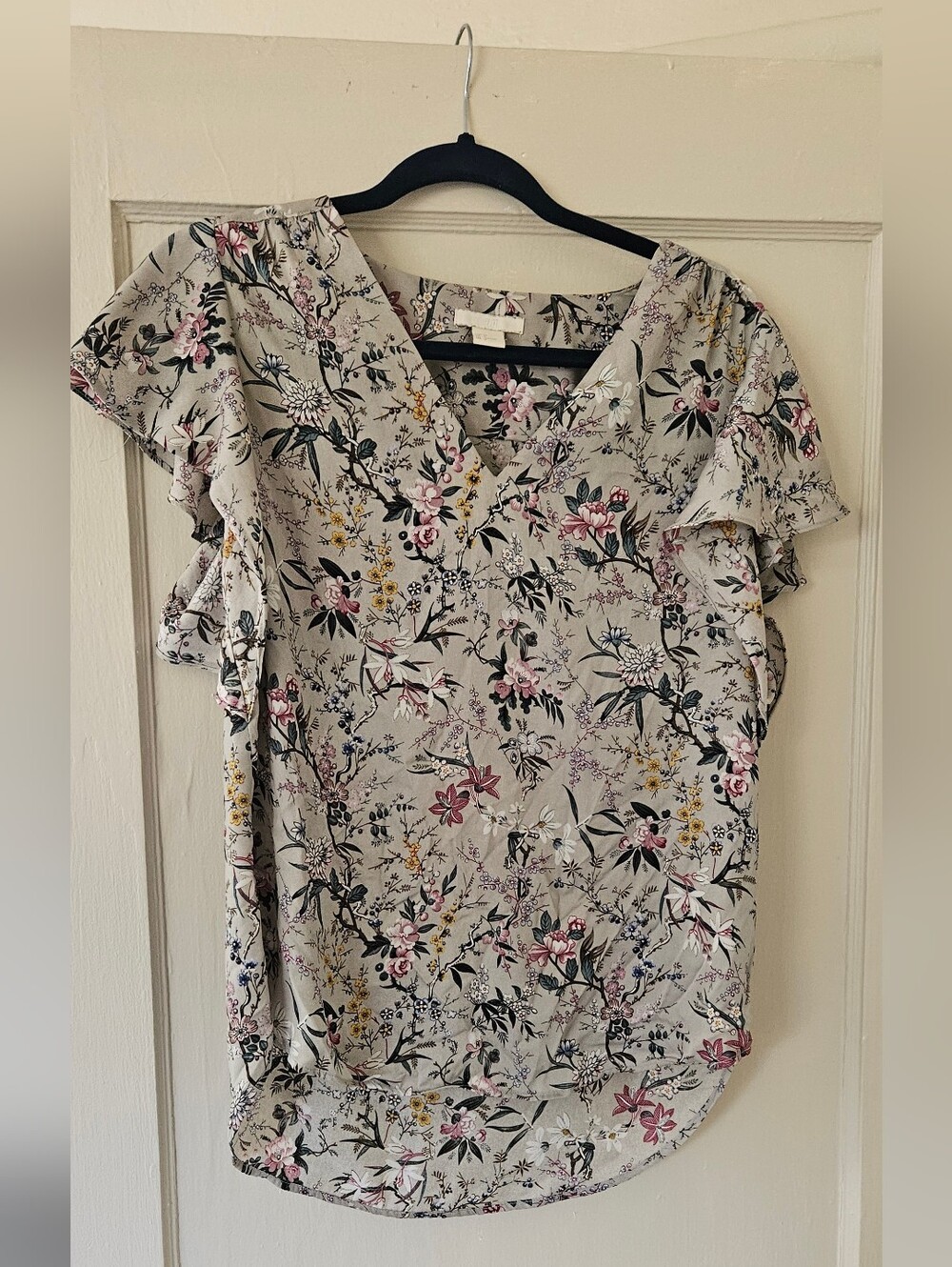 Floral Gray Satin Blouse With Flutter Sleeves